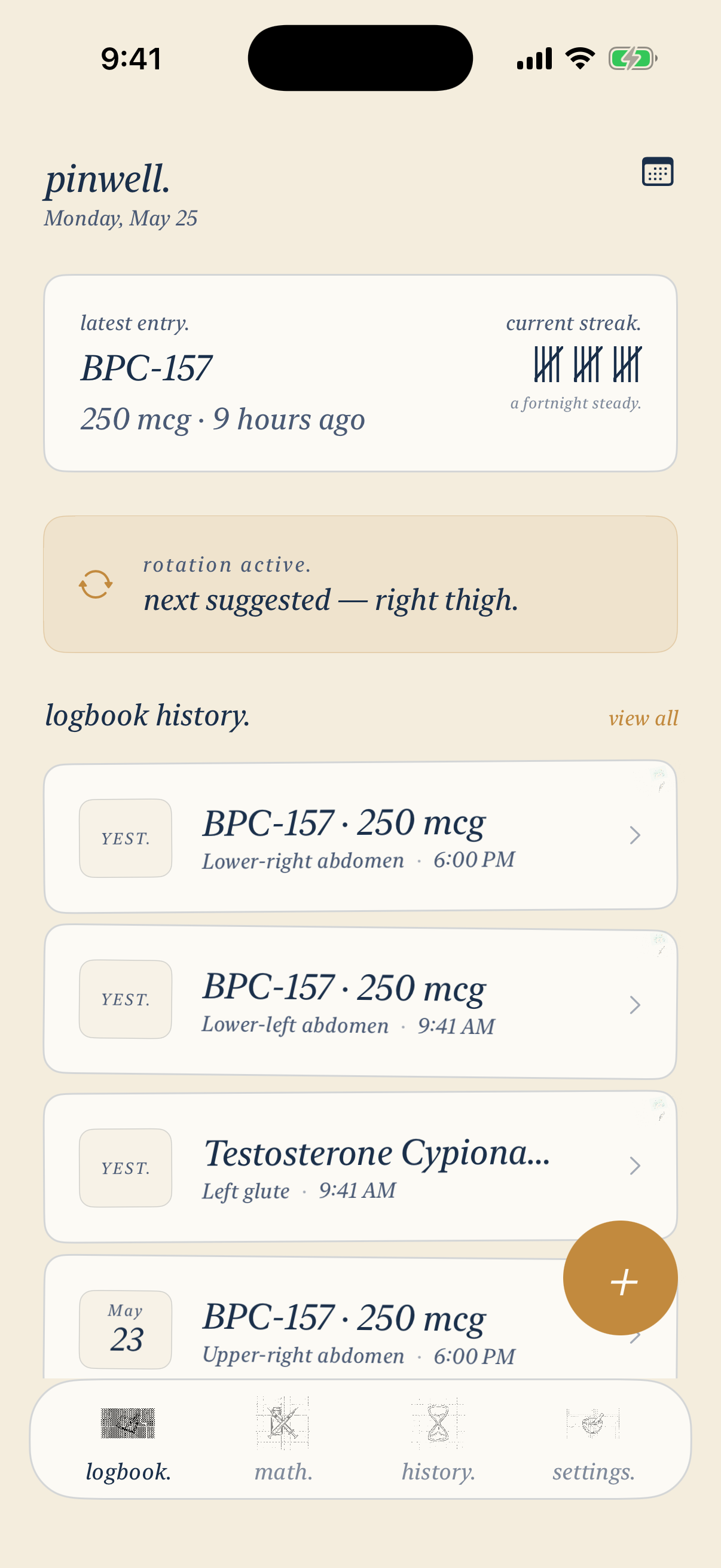 Pinwell logbook home — latest entry, current streak, rotation banner, and apothecary-style history list