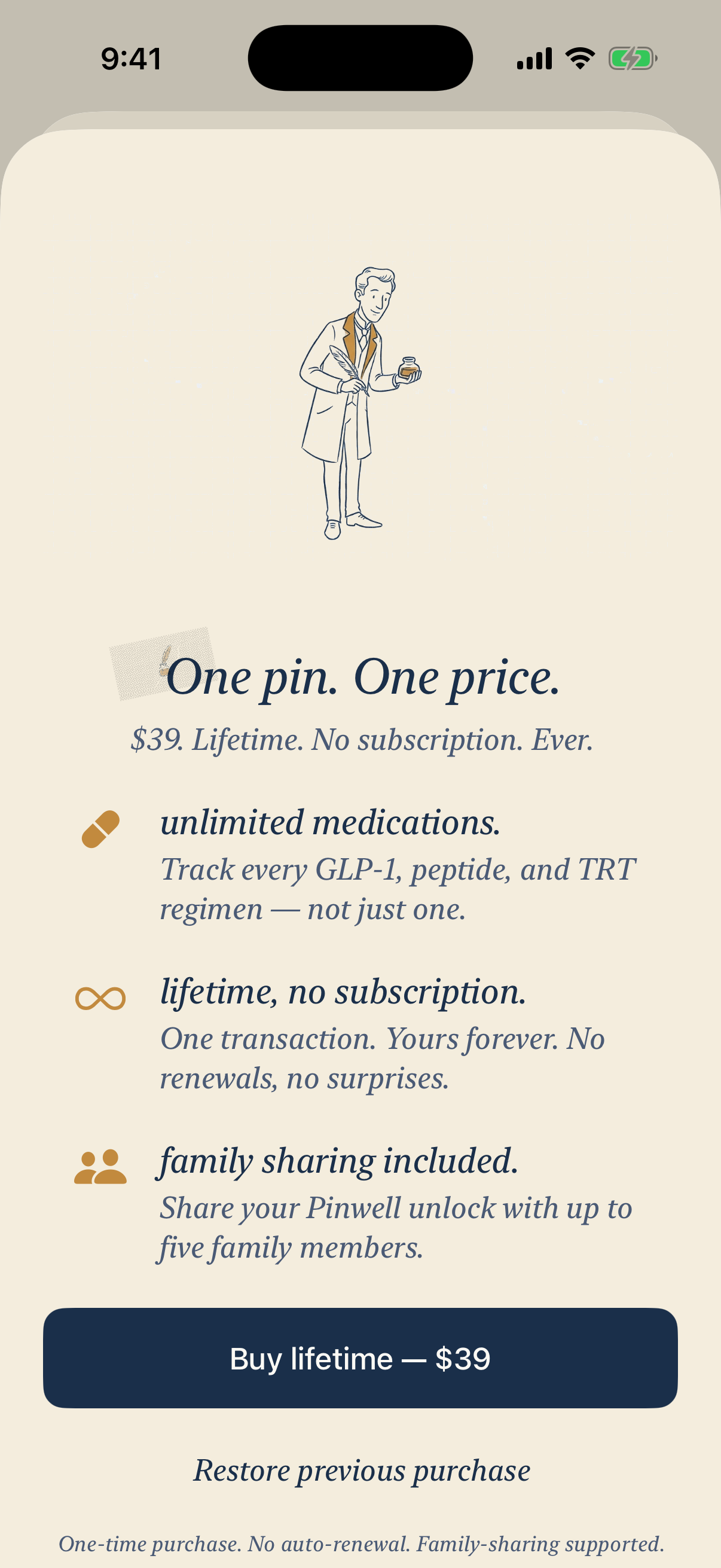 Pinwell paywall screen — One pin. One price. $39 lifetime.